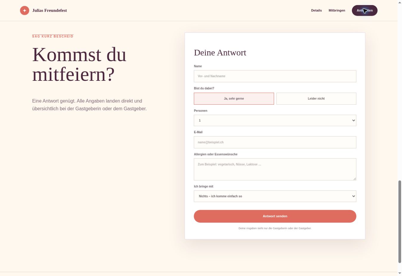 Beispiel des Feierleicht-Anmeldeformulars für Gäste