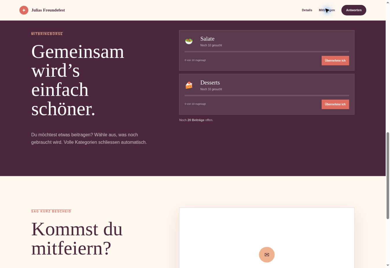 Beispiel einer Feierleicht-Mitbringbörse mit Salaten und Desserts